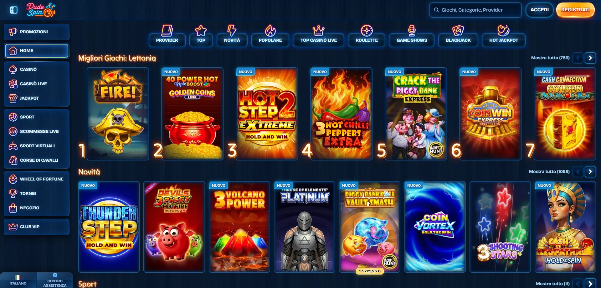 Catalogo giochi di Dudespin Casino — oltre 13.700 titoli disponibili