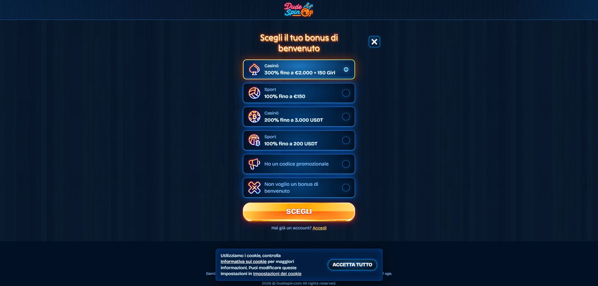 Procedura di registrazione semplice e veloce su Dudespin Casino